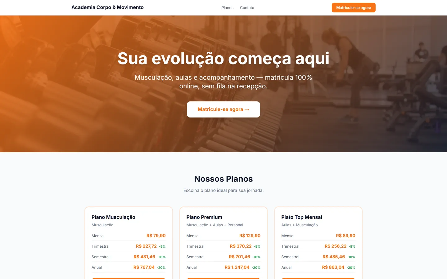 Exemplo da página de checkout: o aluno escolhe o plano e paga online
